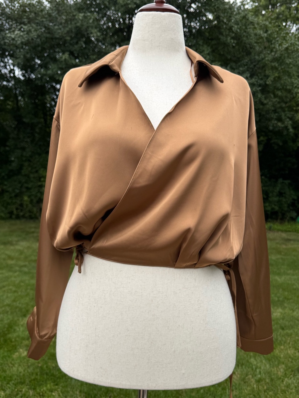 Elegant Gold Satin wrap top. Long sleeves , pleated and adjustable waist M